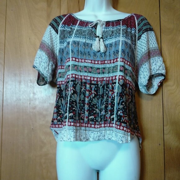 Forever 21 Women's Small Short Sleeve Boho Peasant Pullover Blouse With Tassels - Picture 1 of 5